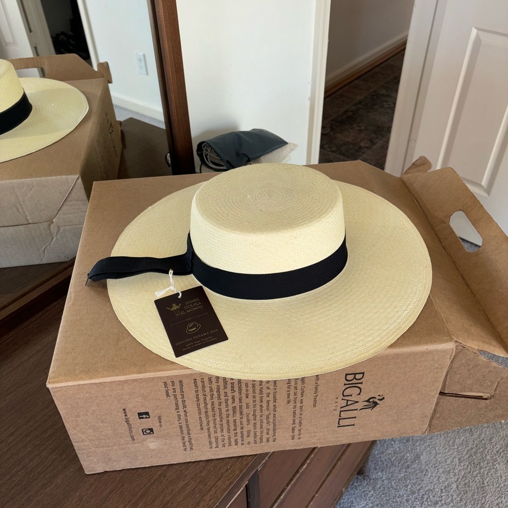 BIGALLI Genuine Panama Cream Straw Hat with Black Ribbon